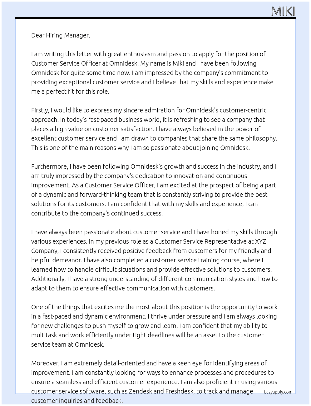 Customer Service Officer At Omnidesk Cover Letter