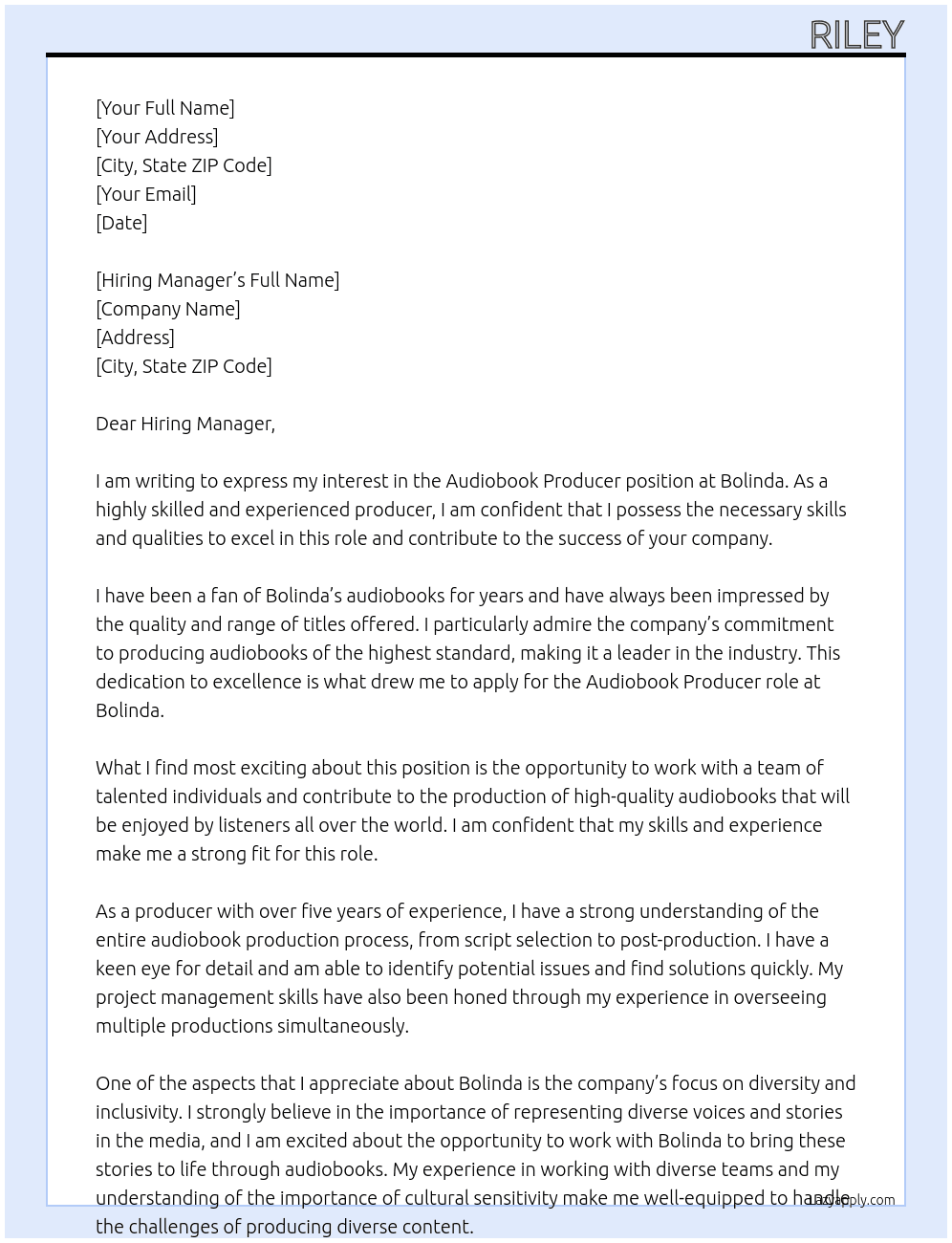 Audiobook producer At Bolinda  Cover Letter