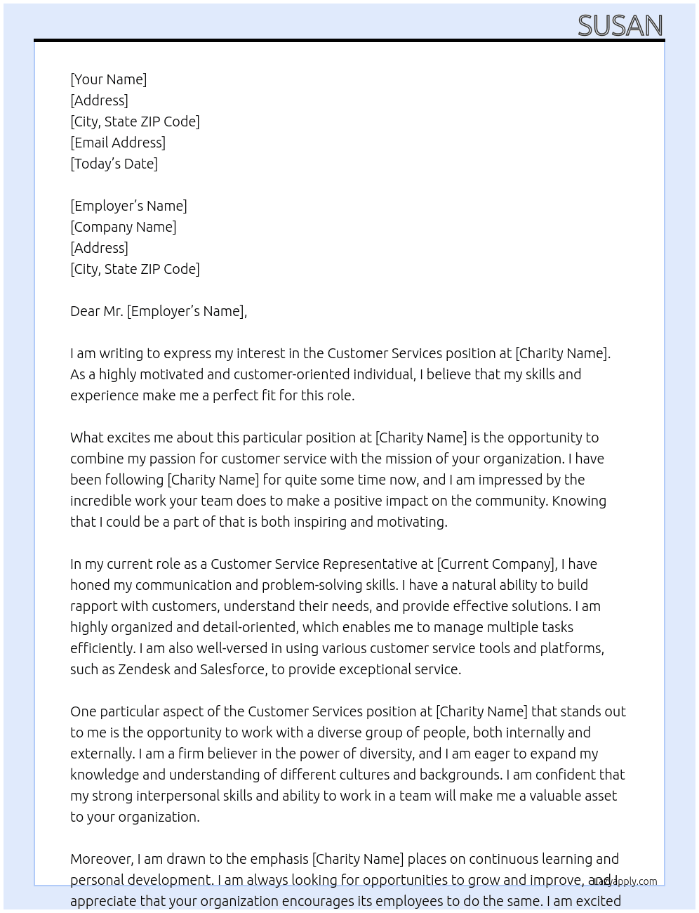 Customer Services At charity Cover Letter