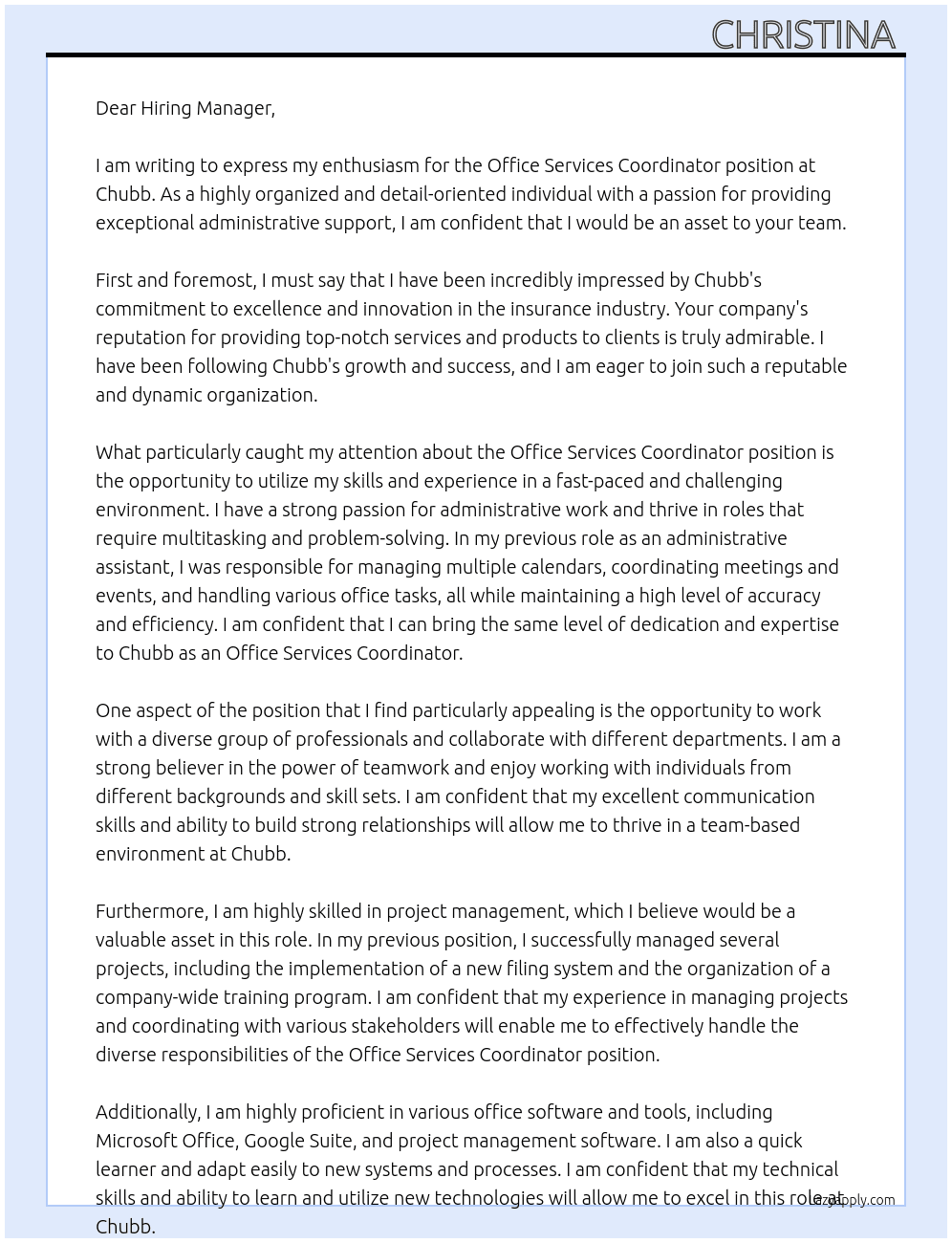 Office Services Coordinator At Chubb Cover Letter