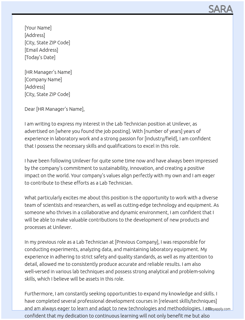 lab technician At unilever Cover Letter