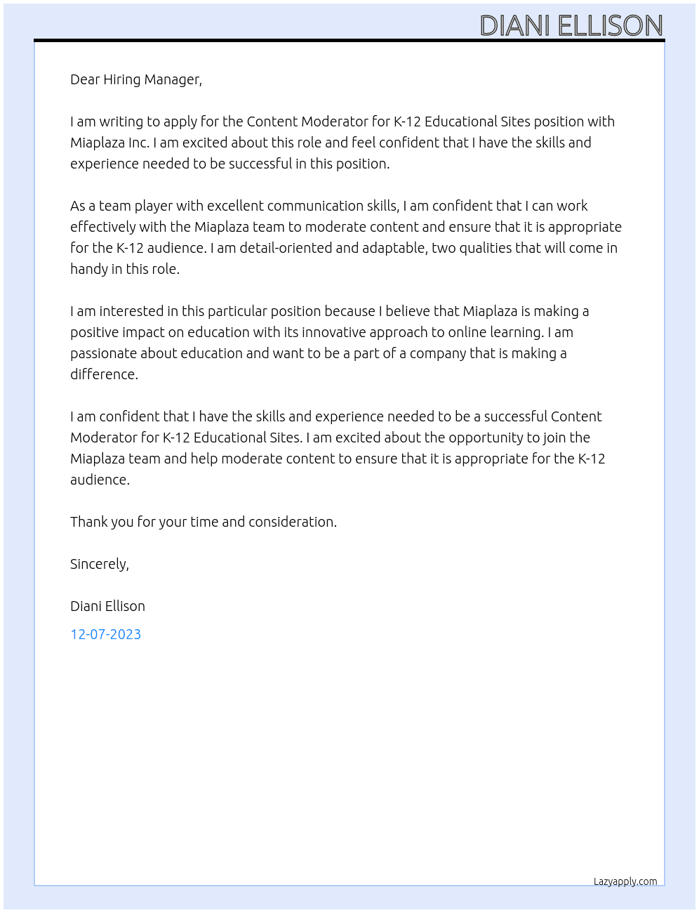 Content Moderator for K-12 Educational Sites At Miaplaza Inc Cover Letter