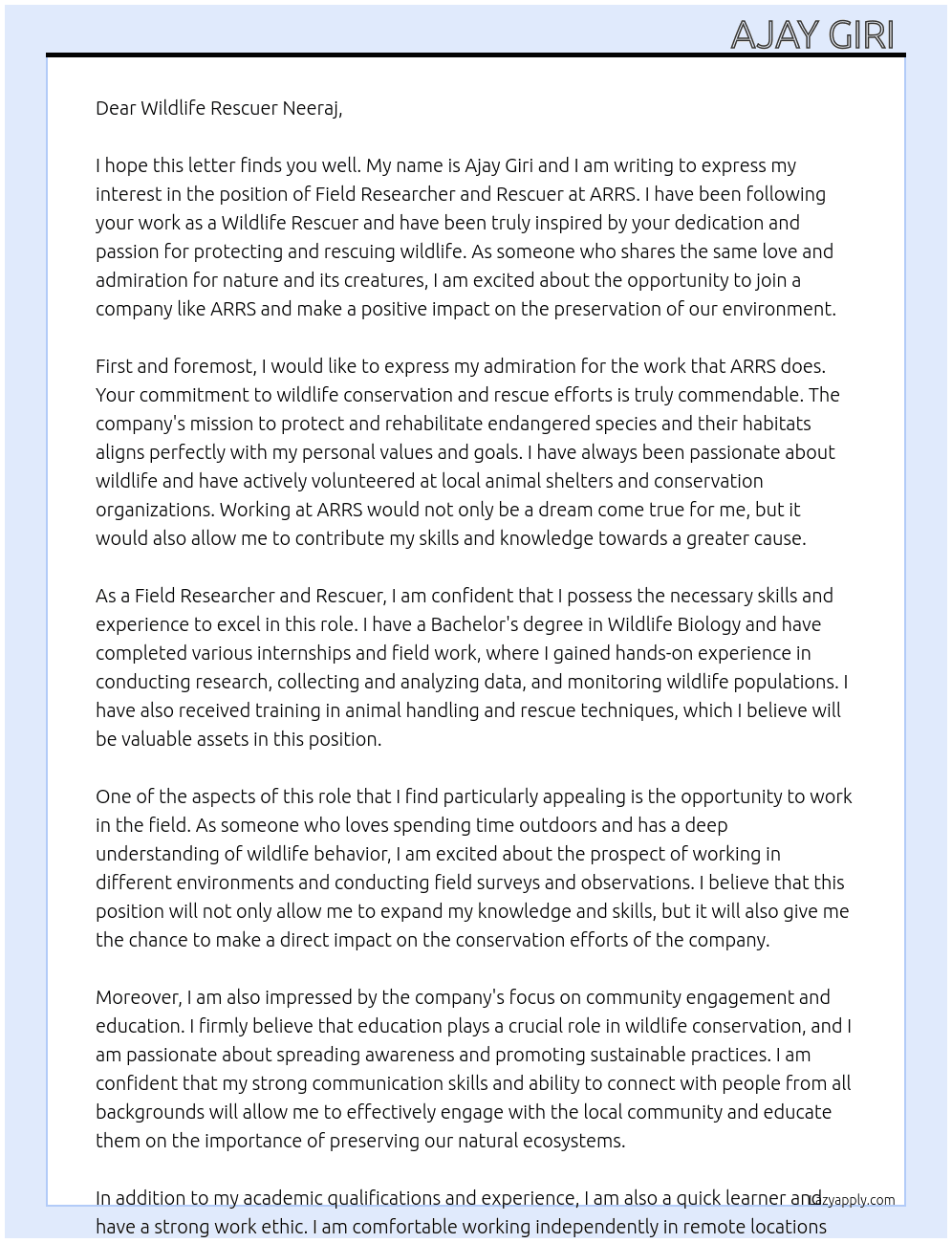 Field Researcher n rescuer  At ARRS Cover Letter