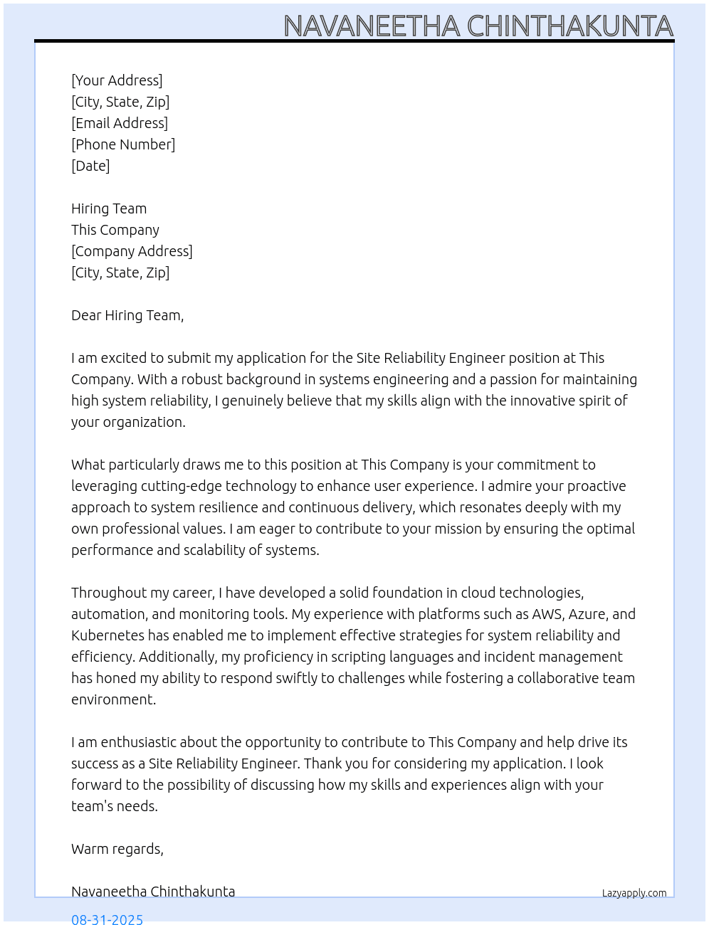 Site Reliability Engineer At this company Cover Letter