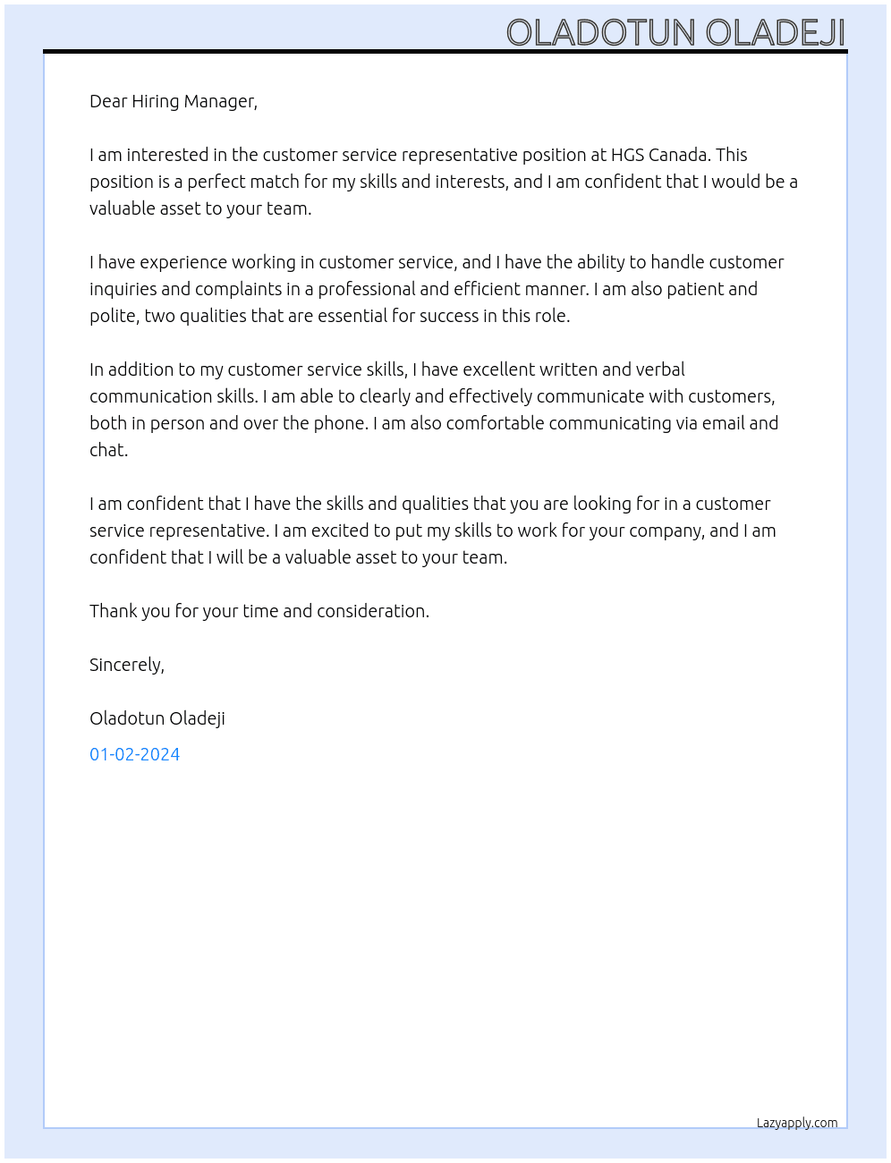 customer service representative At HGS Canada Cover Letter
