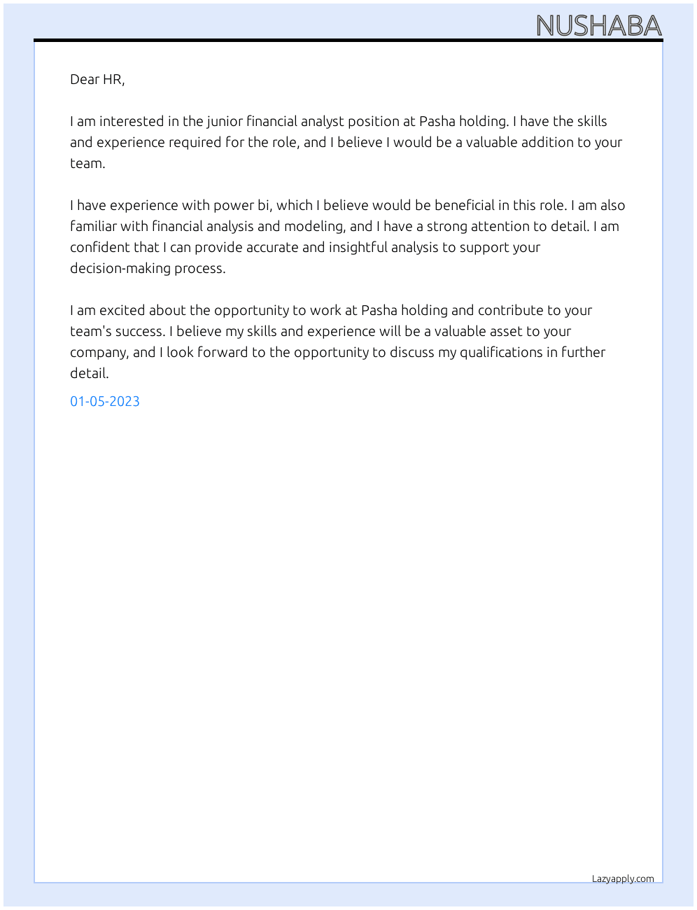junior financial analyst At Pasha holding Cover Letter