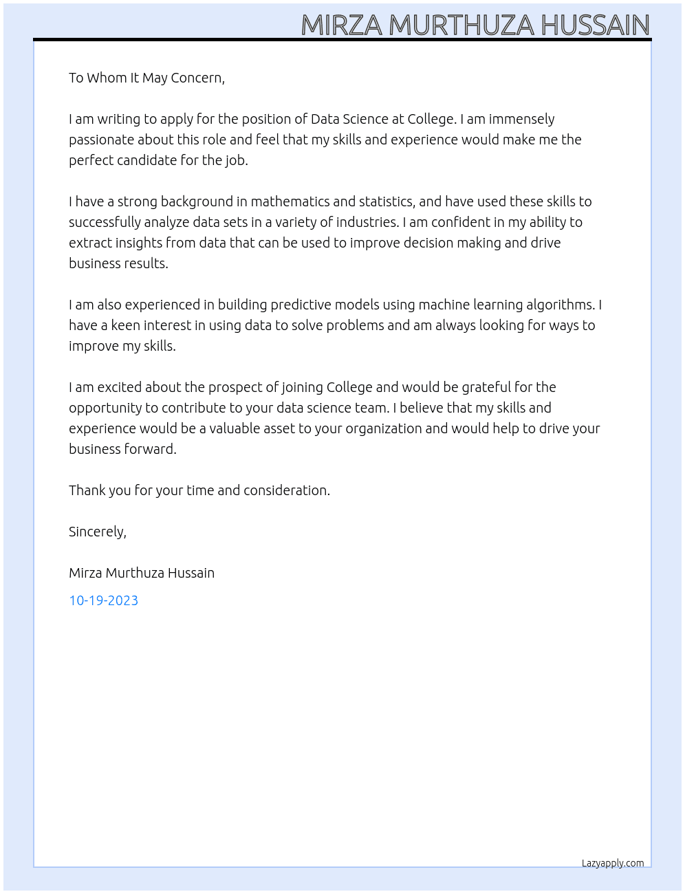 Data Science At College Cover Letter