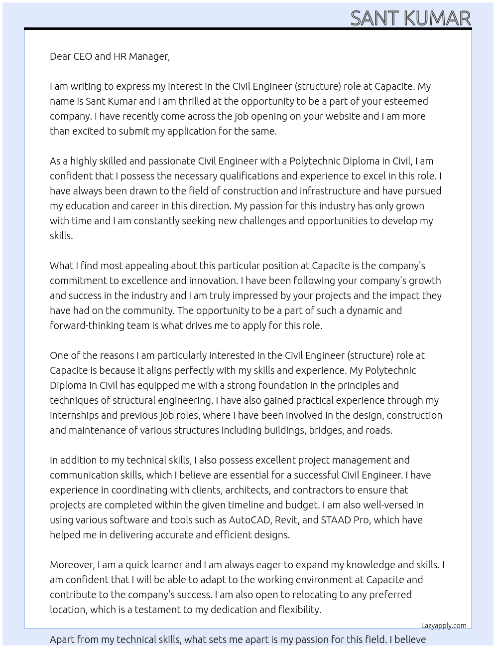 Civil Engineer ( structure )  At Capacite Cover Letter