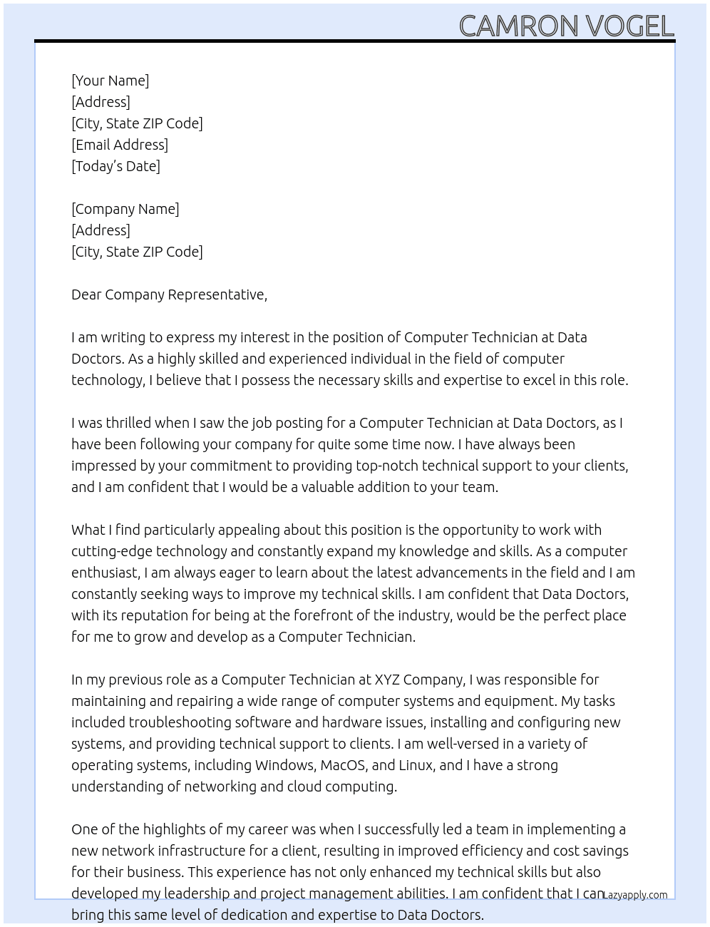 Computer Technician  At Data Doctors  Cover Letter
