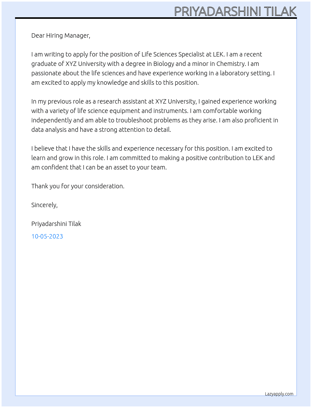 Life Sciences Specialist At LEK Cover Letter