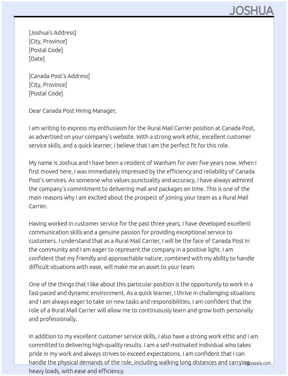 Rural mail carrier  At Canada post  Cover Letter