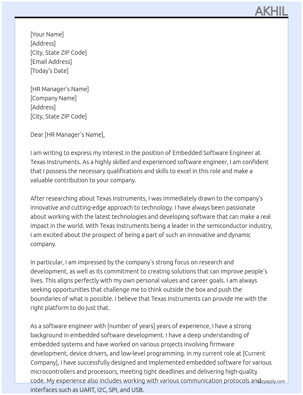 embedded software engineer At texas instruments Cover Letter