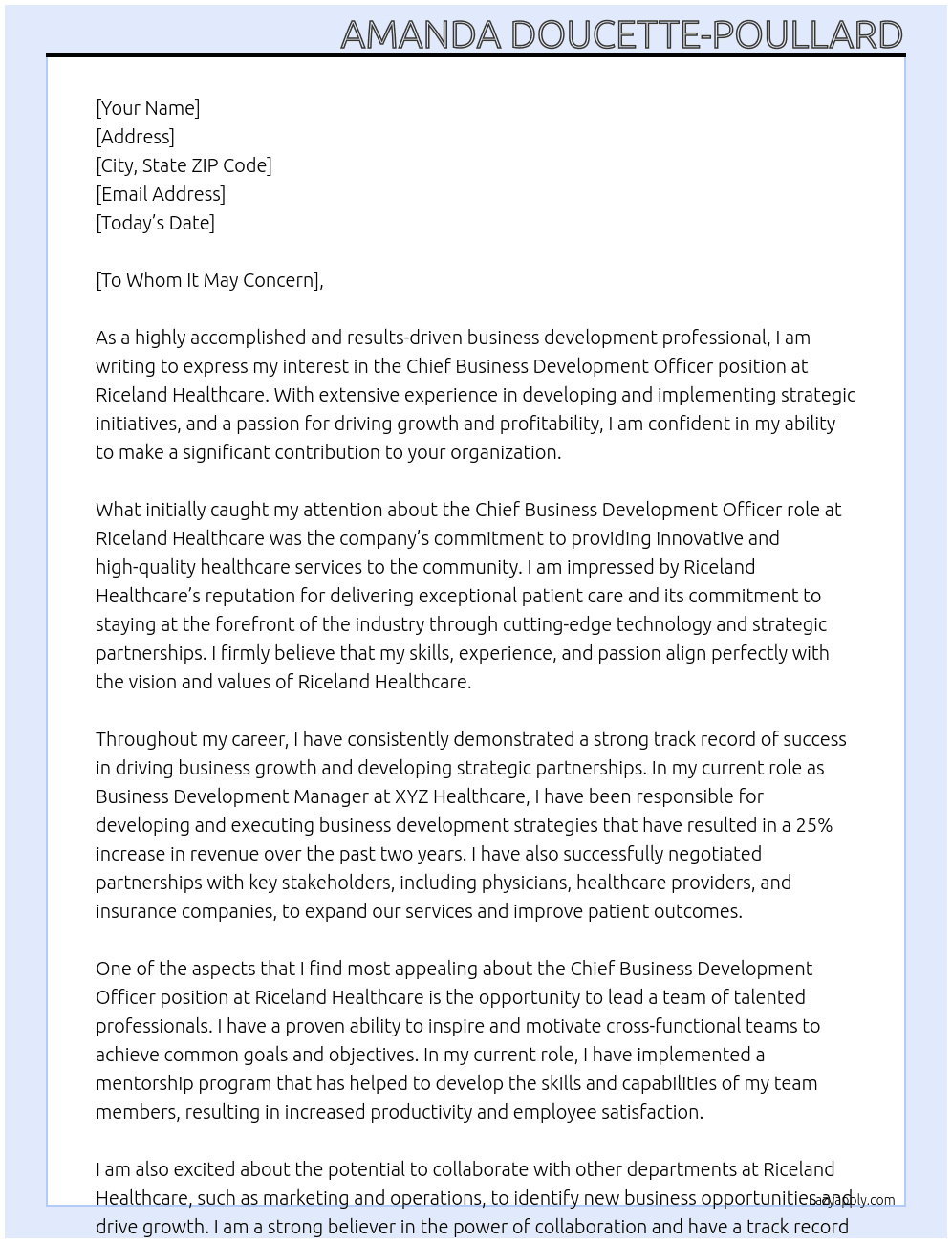 Chief Business Development Officer  At Riceland Healthcare  Cover Letter