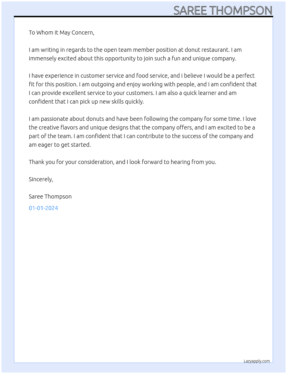 donut restaurant team member At do nutz Cover Letter
