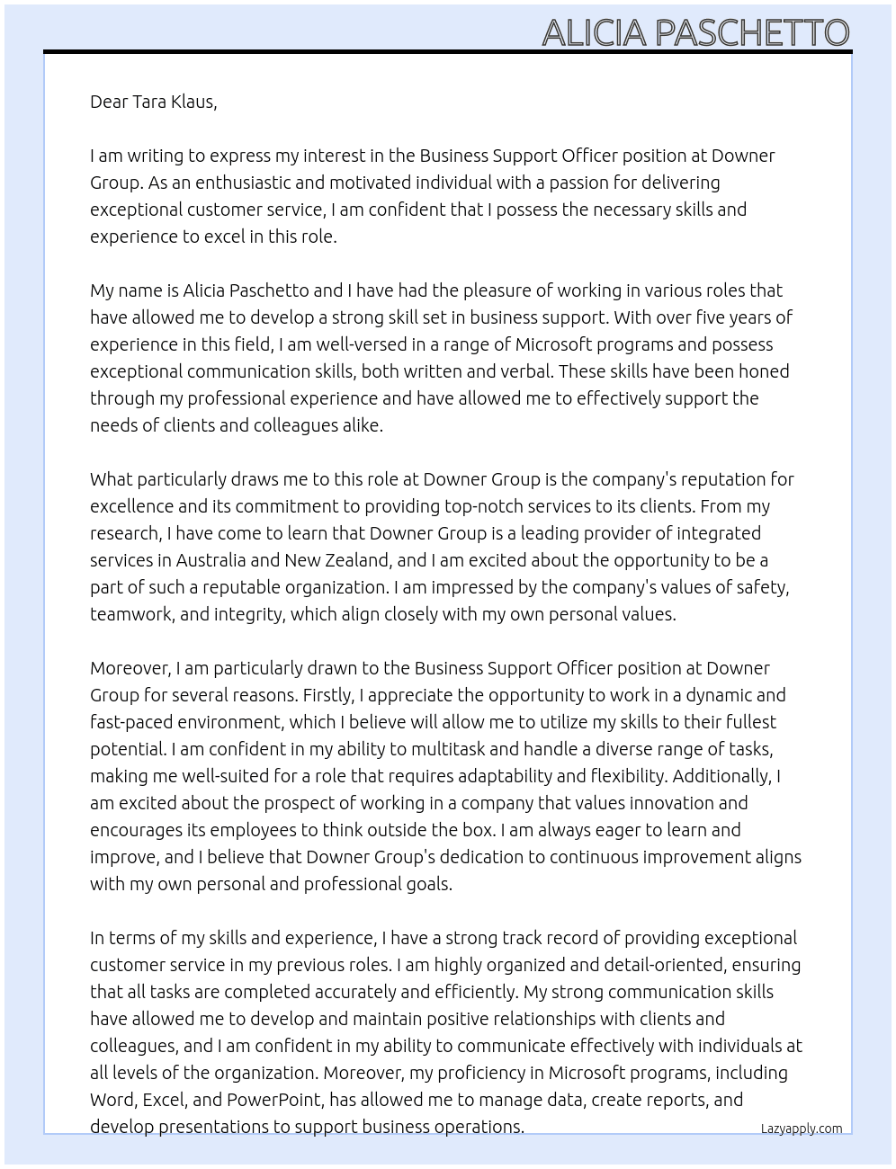 Business Support Officer At Downer Group Cover Letter