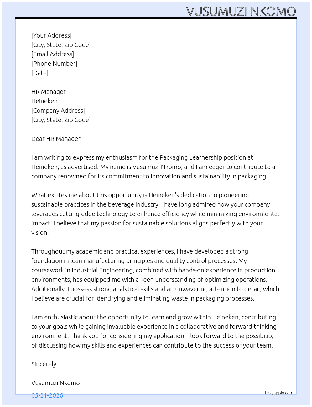 Packaging Leanership  At Heineken  Cover Letter