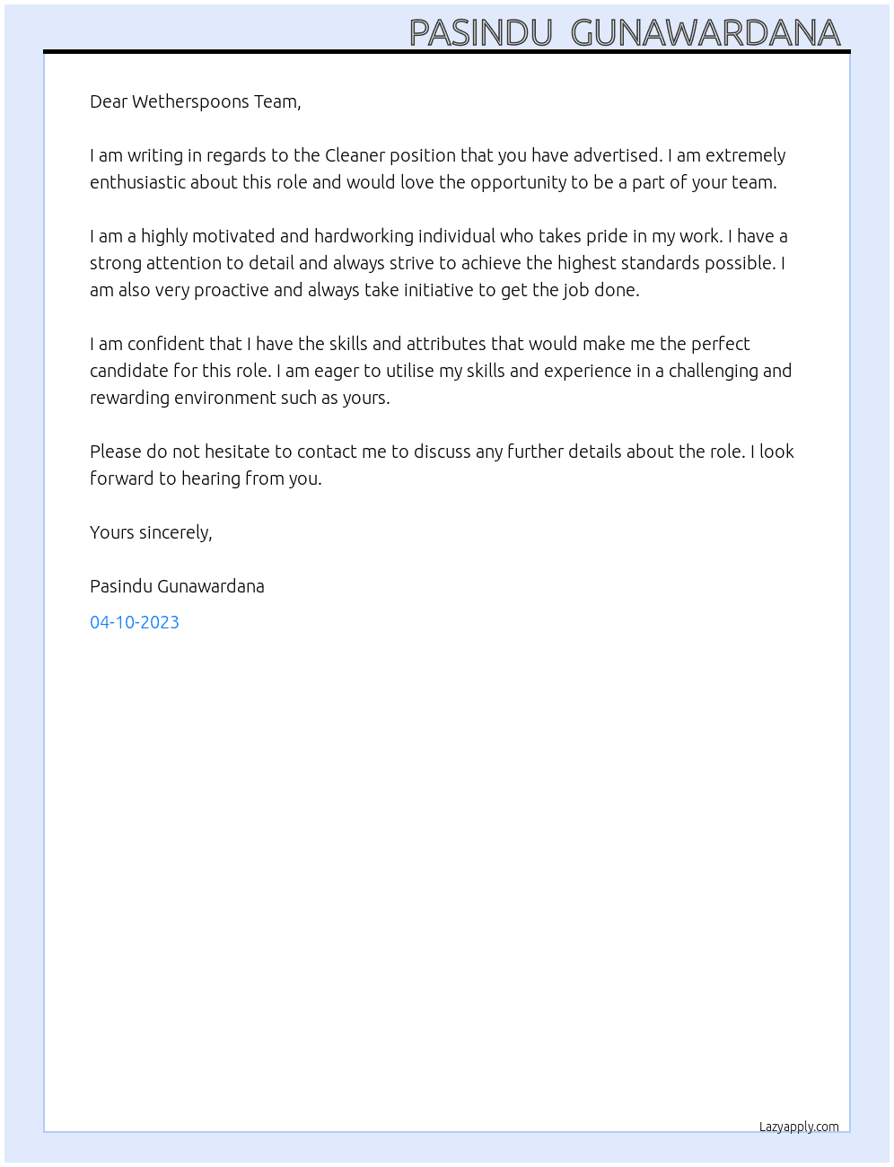 Cleaner At Wetherspoons Cover Letter
