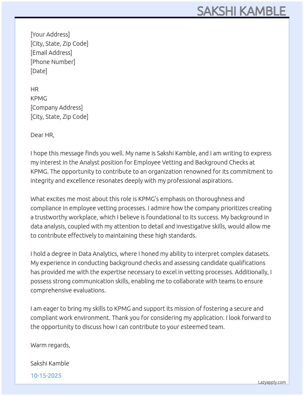 Cover letter for analyst employee vetting and background checks - LazyApply