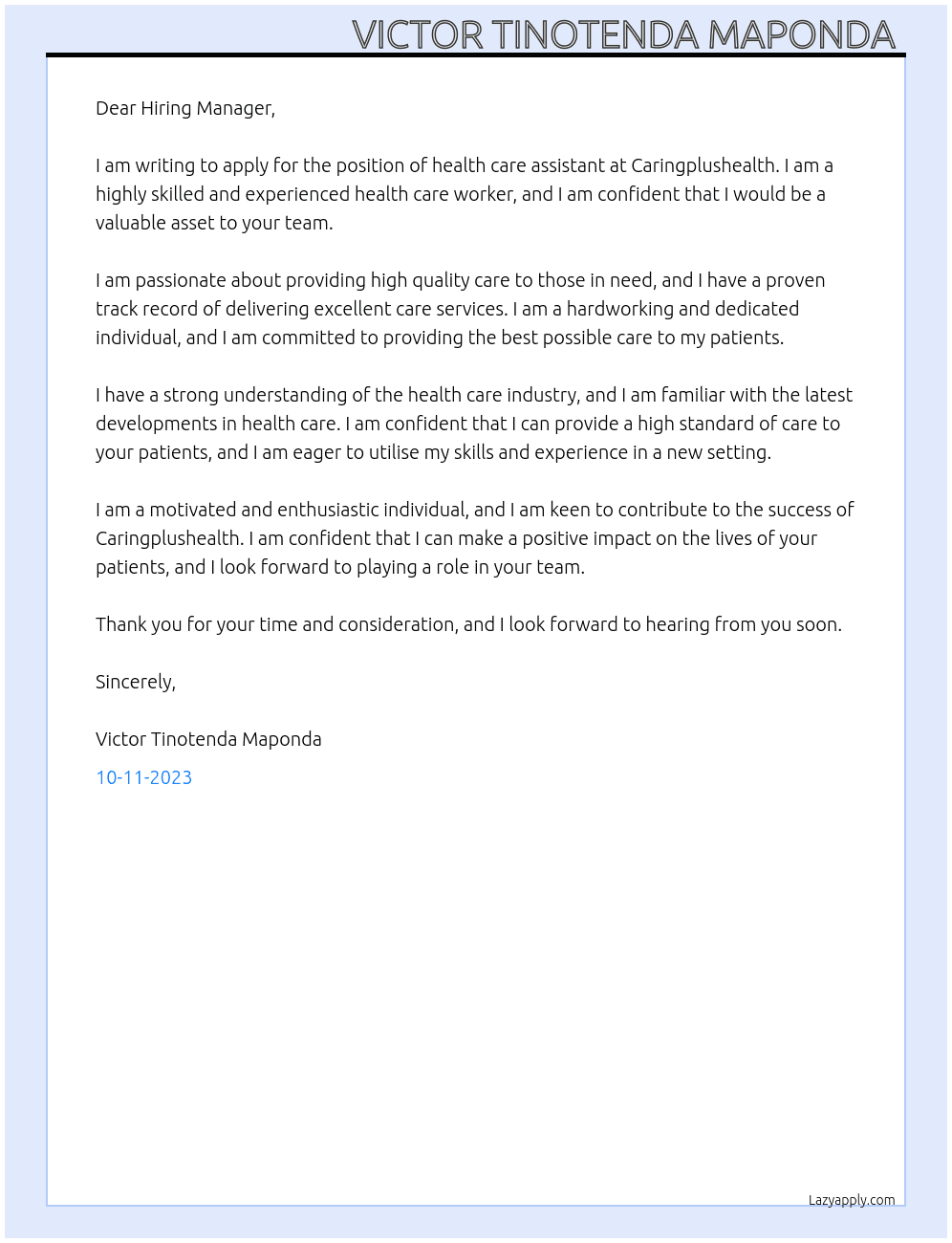 Health care assistant  At Caringplushealth Cover Letter