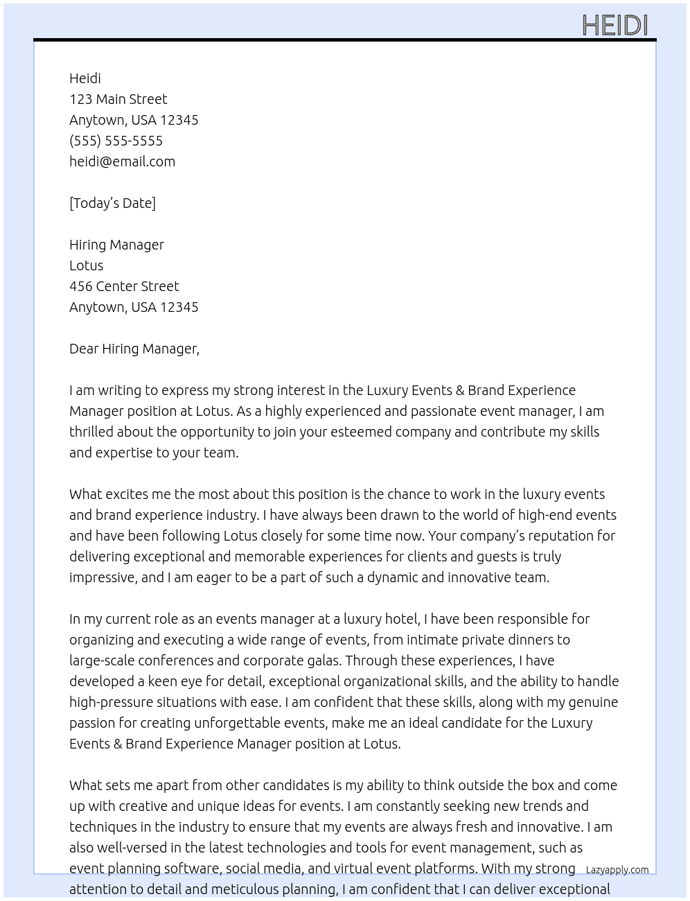 Luxury Events & Brand Experience Manager  At Lotus  Cover Letter