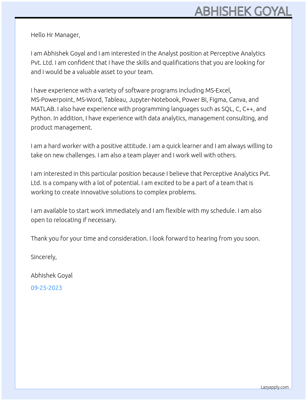 Analyst At Perceptive Analytics Pvt. Ltd.  Cover Letter