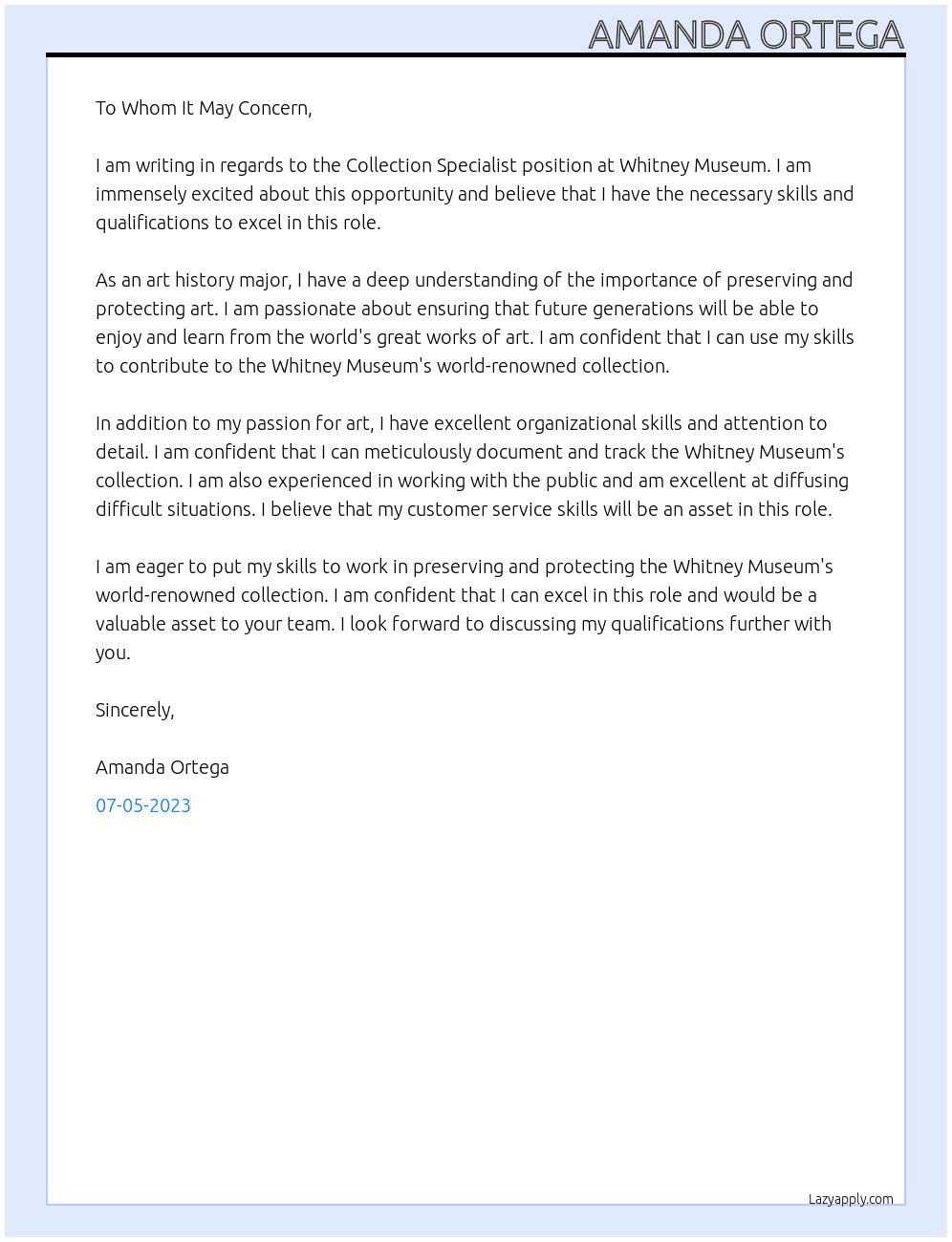 Collection Specialist At Whitney Museum Cover Letter