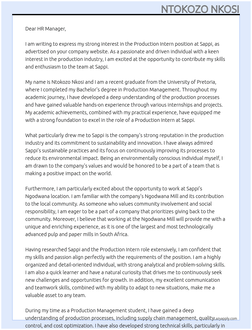 Production Intern At Sappi Cover Letter