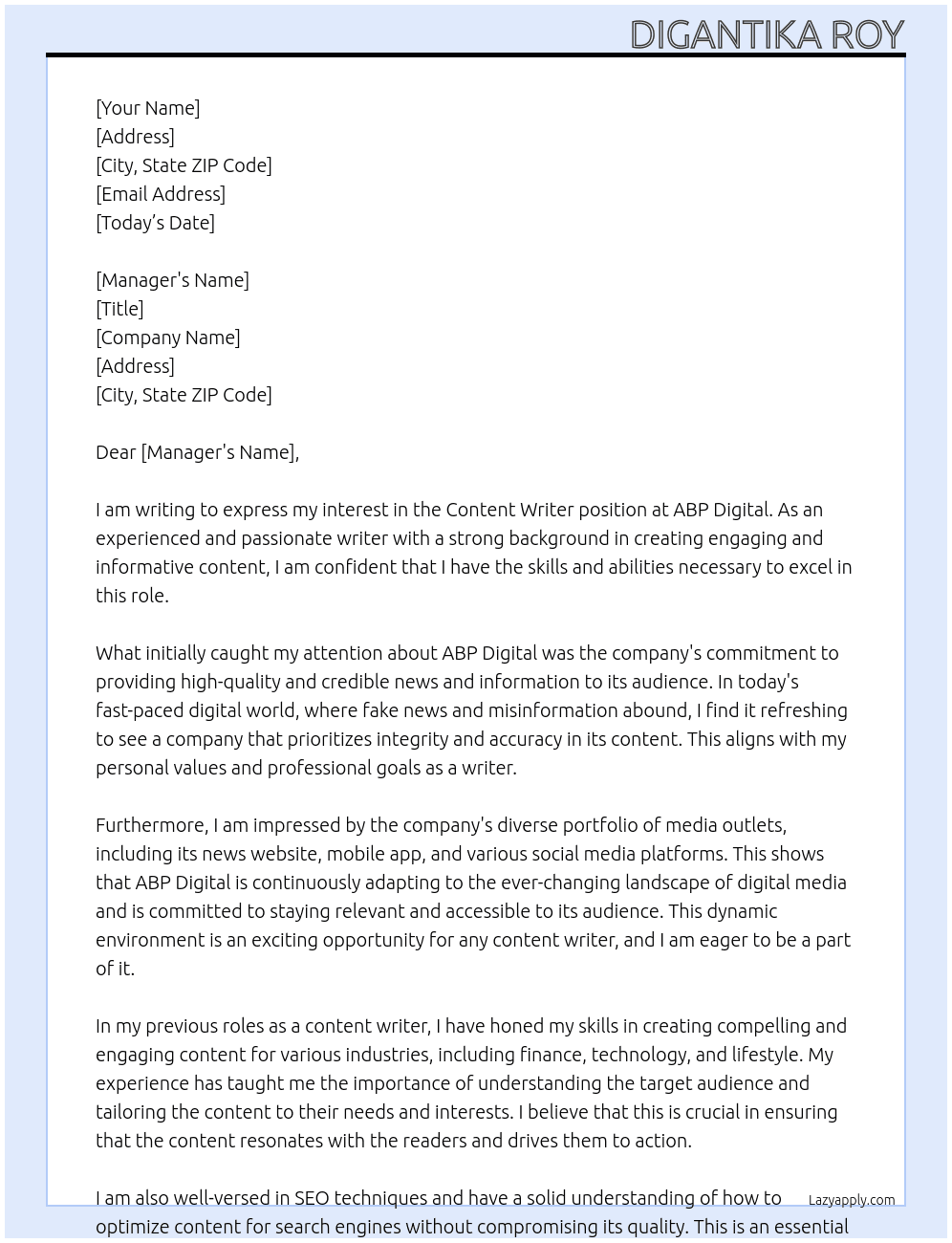 Content writer At ABP Digital Cover Letter
