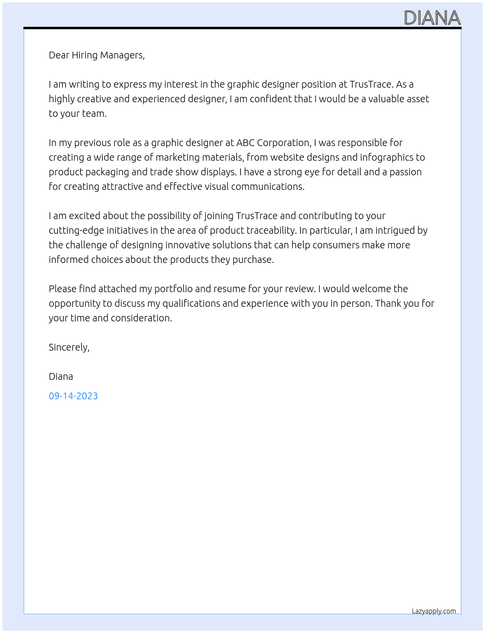 graphic designer At TrusTrace Cover Letter