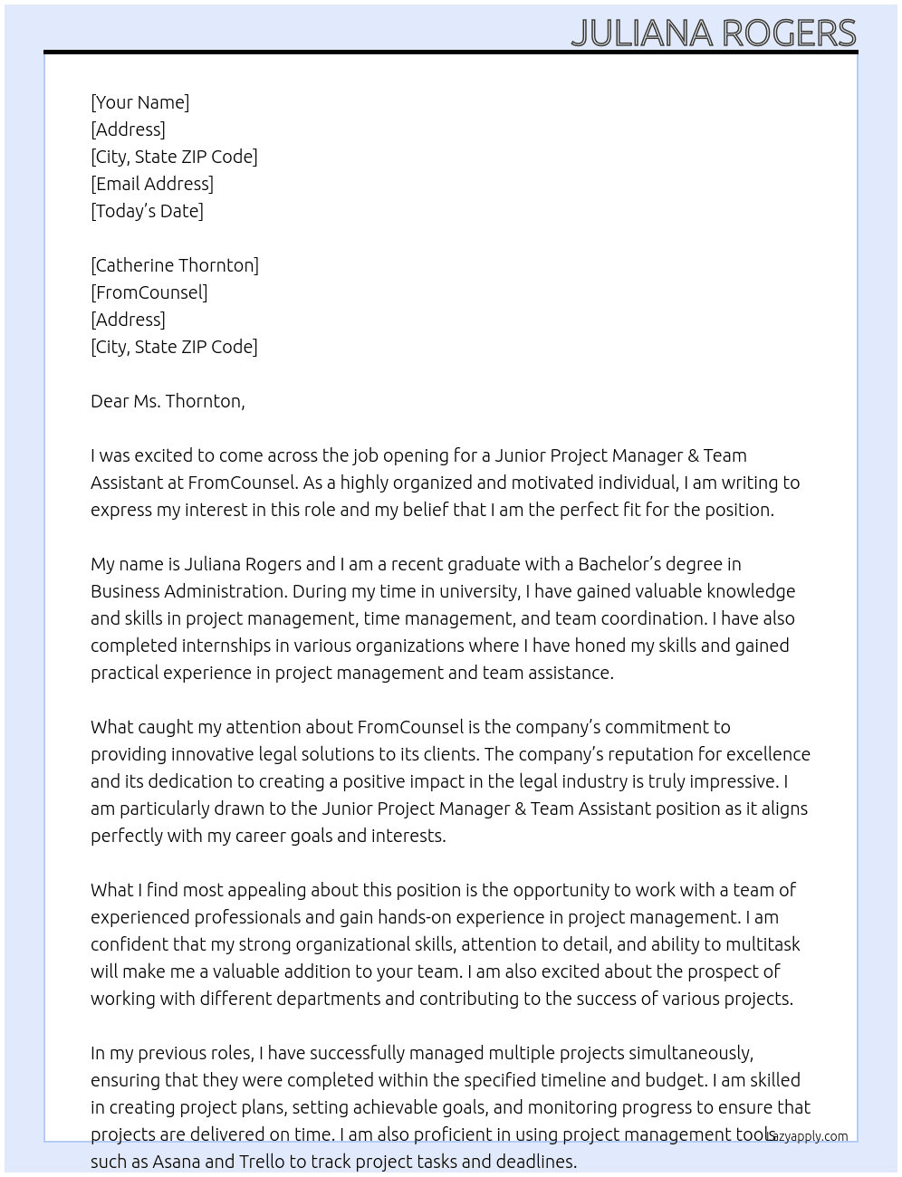 Junior Project Manager & Team Assistant At FromCounsel Cover Letter