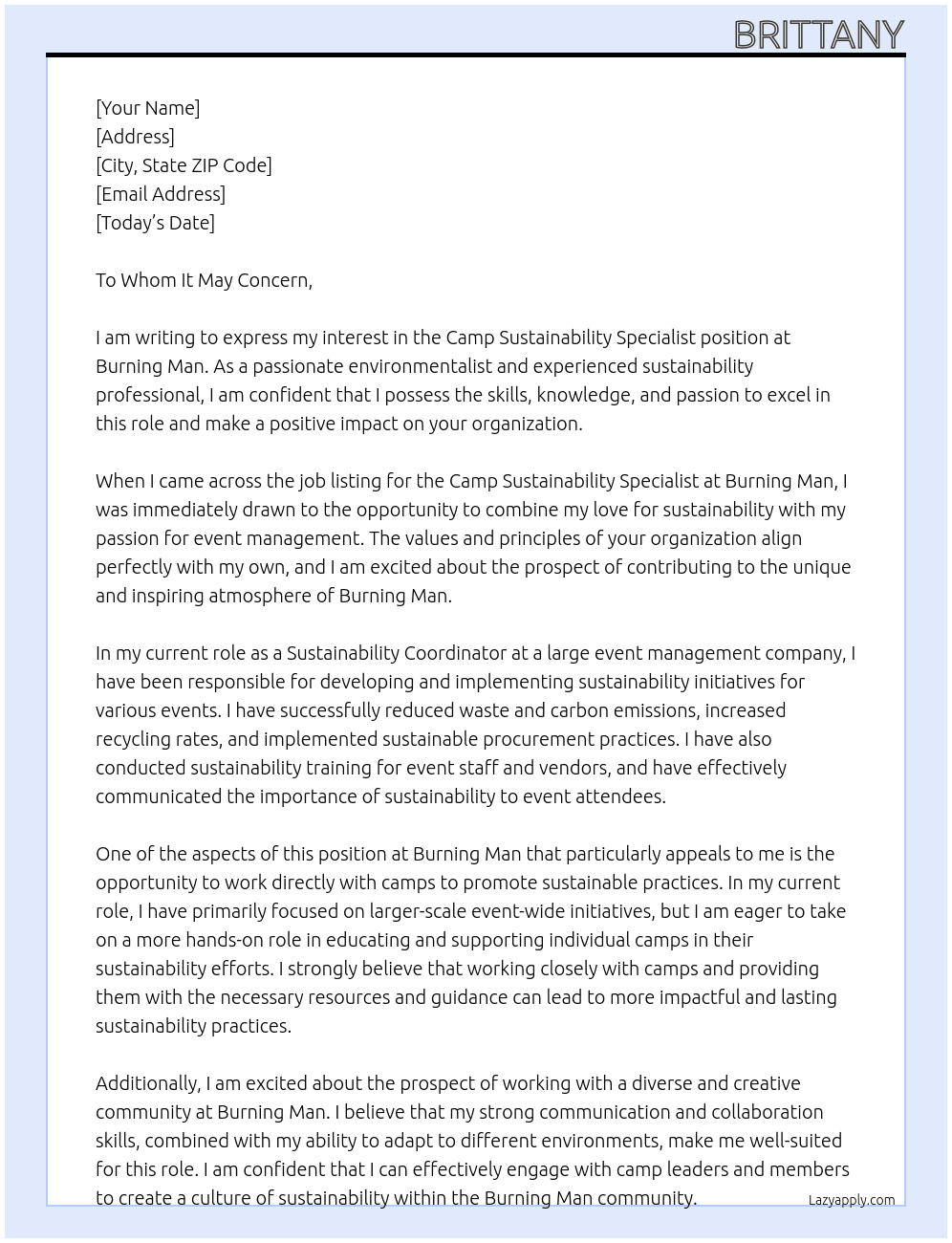 Camp Sustainability Specialist At Burning Man Cover Letter