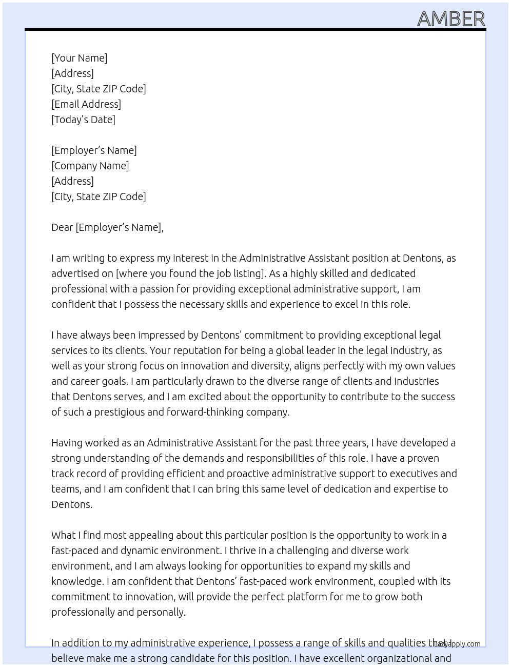 Administrative Assistant At Dentons Cover Letter