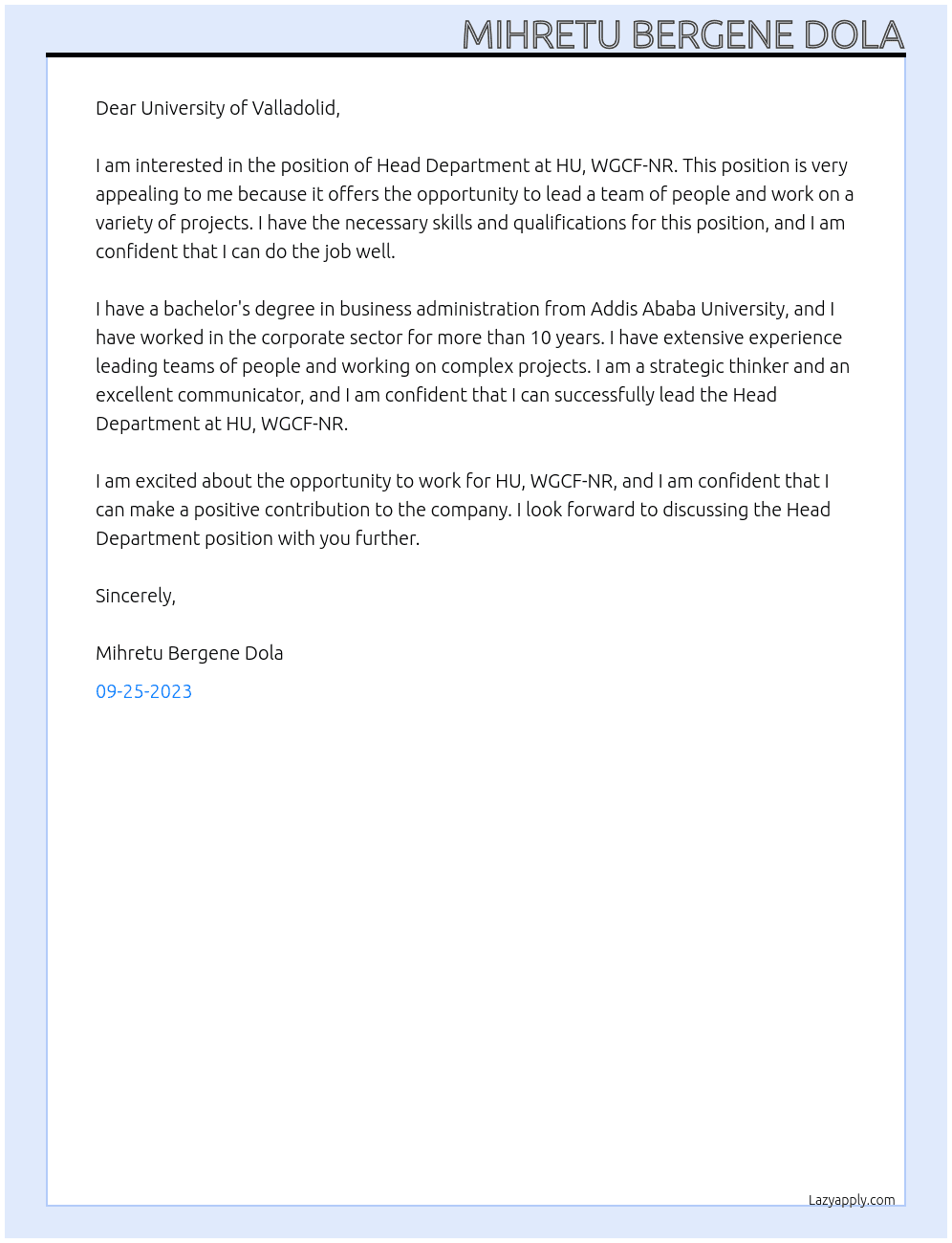 Head Department At HU, WGCF-NR Cover Letter