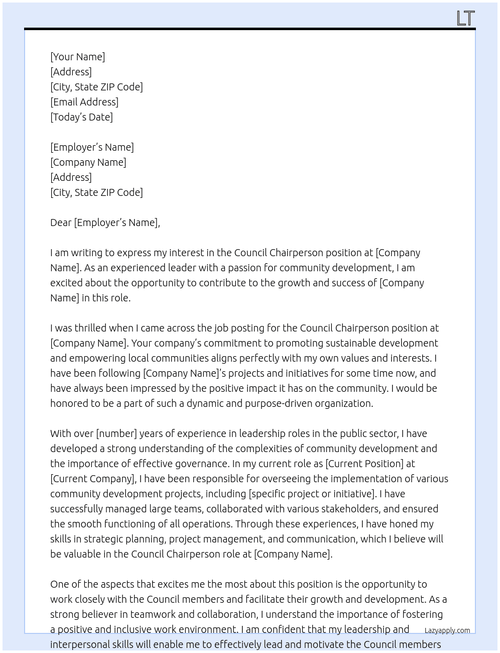 Cover letter for council chairperson - LazyApply