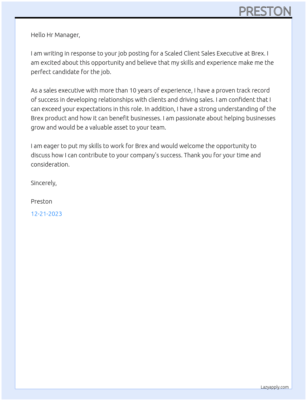 Scaled Client Sales Executive At Brex Cover Letter