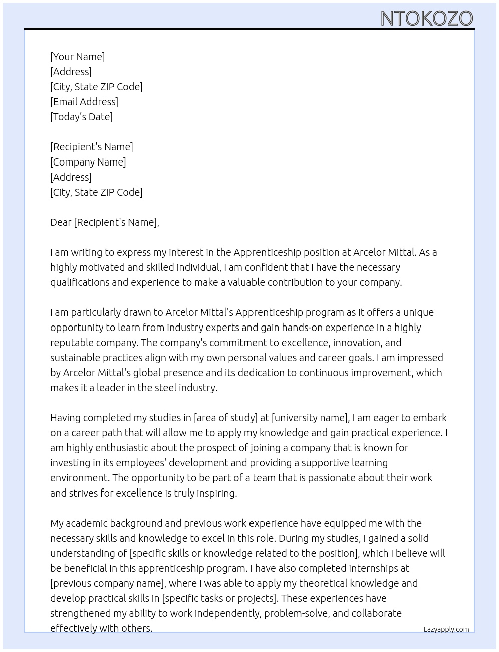 Apprenticeship  At Arcelor mittal  Cover Letter
