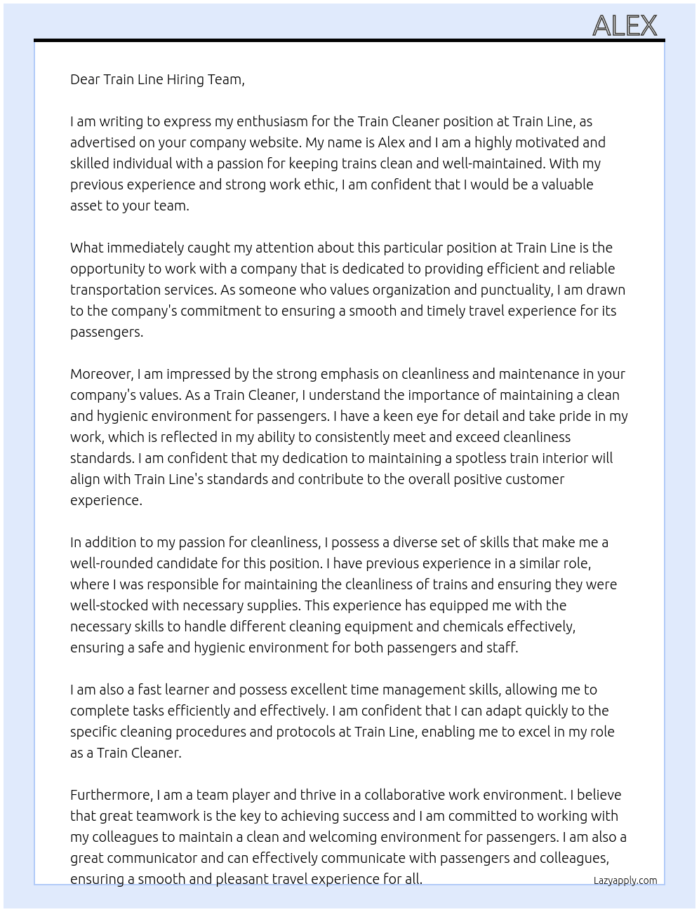 Train cleaner At Train line Cover Letter