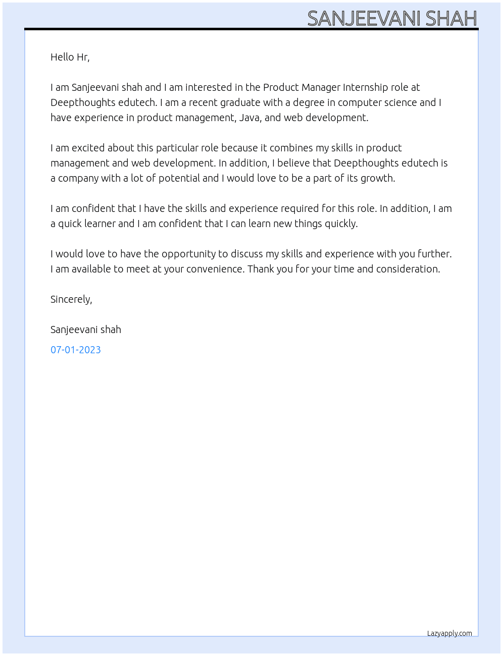 Product manager  At Deepthoughts edutech Cover Letter