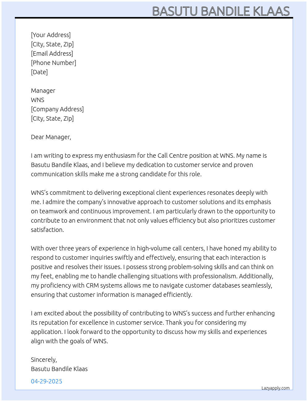 Call centre  At WNS Cover Letter