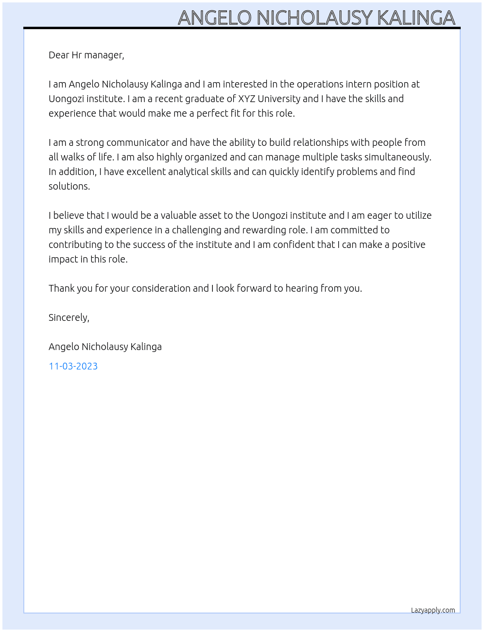 Operations intern At Uongozi institute. Cover Letter