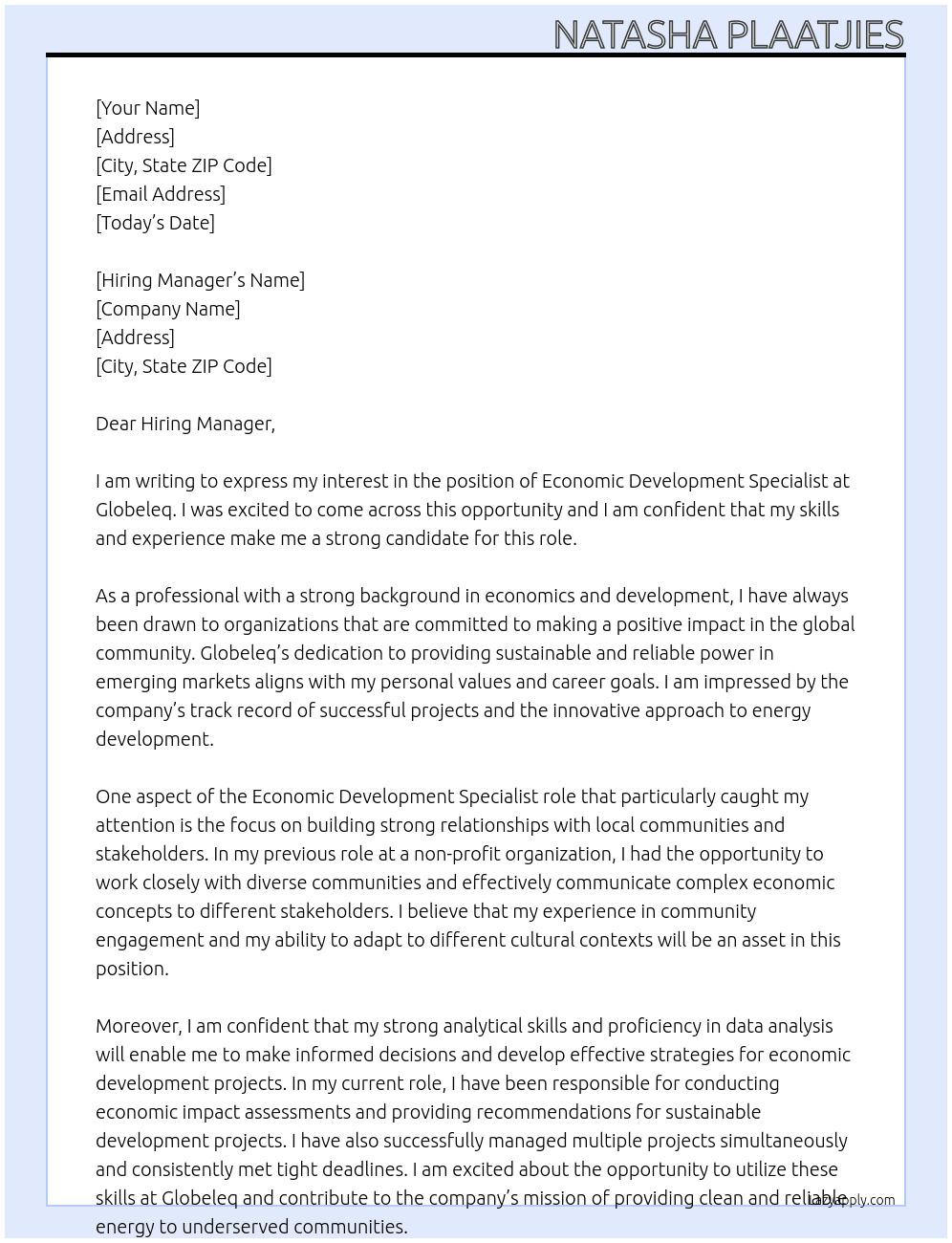 Economic Development Specialist At Globeleq Cover Letter