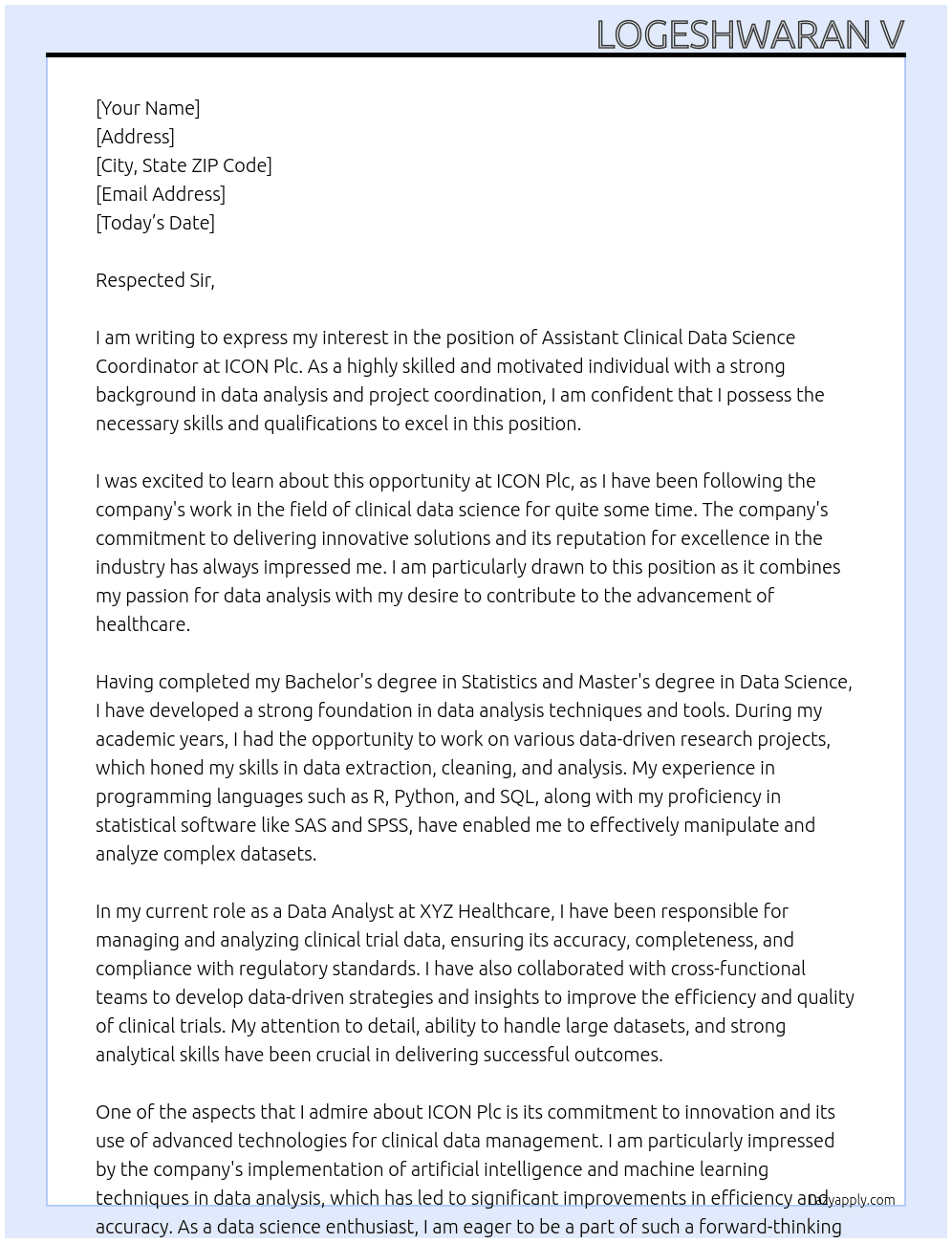 Assistant Clinical Data Science Coordinator At ICON Plc Cover Letter