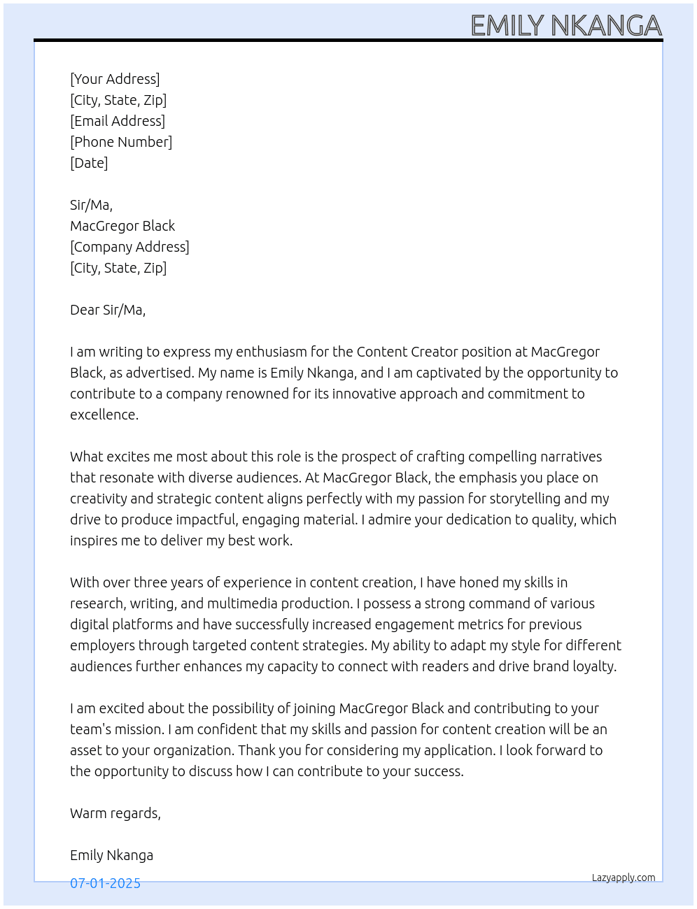 Content Creator At MacGregor Black Cover Letter