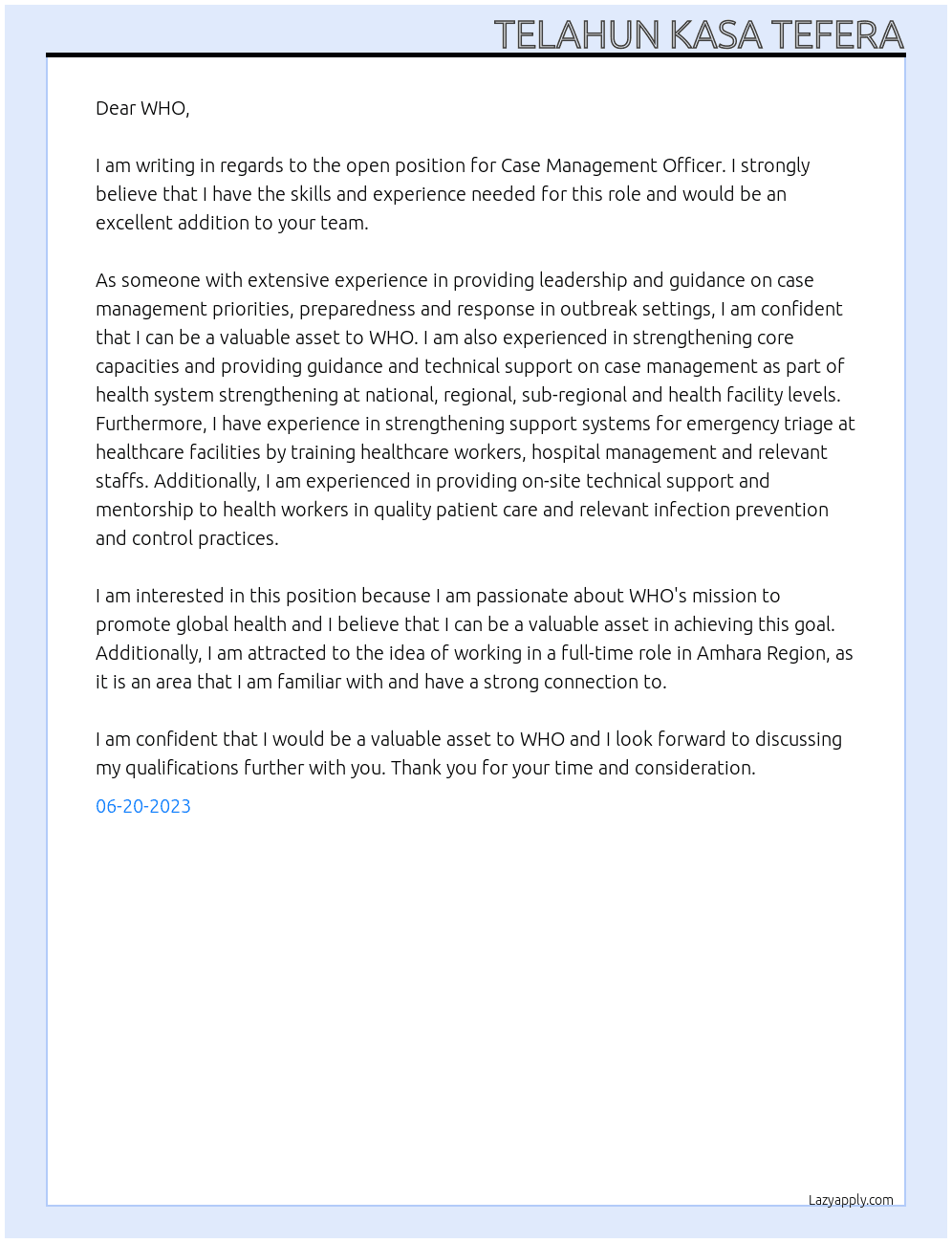 Case Management Officer  At World Health Organization Cover Letter