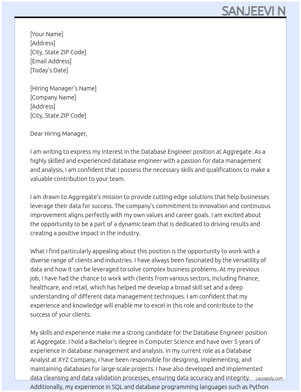 Database engineer  At Aggregate  Cover Letter
