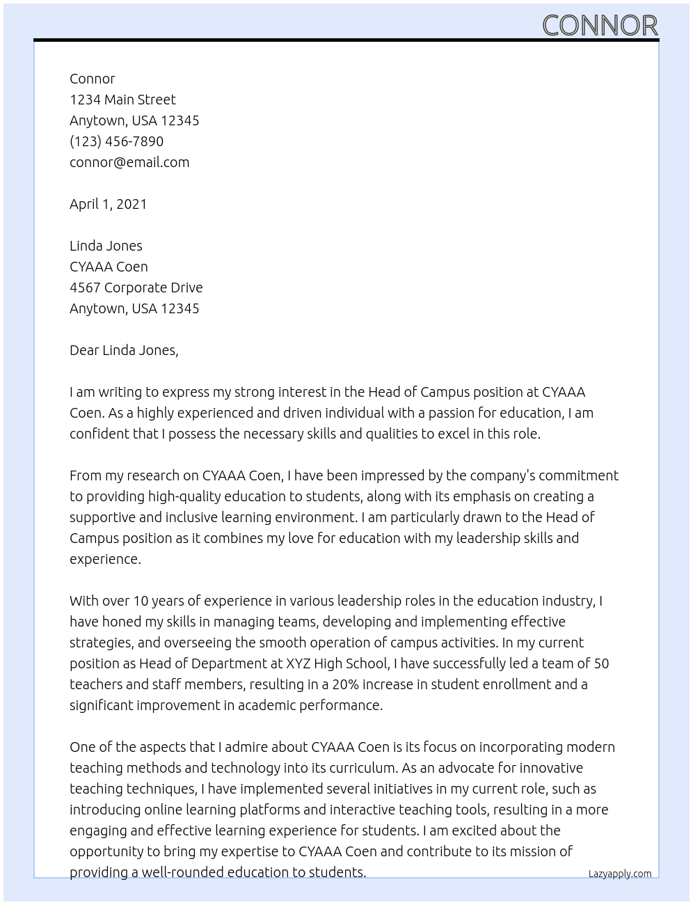 Head of Campus At CYAAA Coen Cover Letter