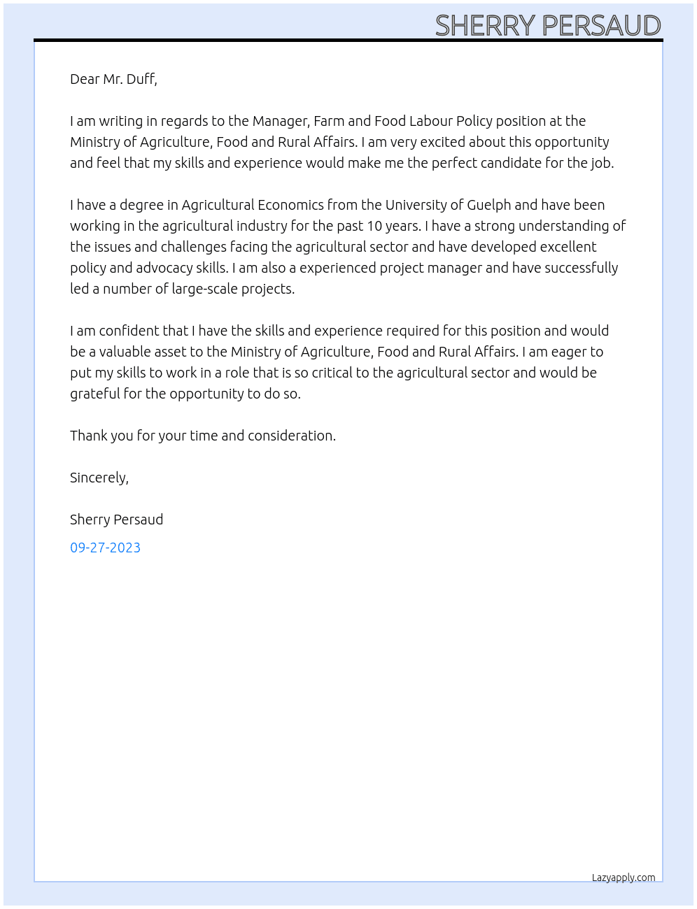 Manager, Farm and Food Labour Policy At Ministry of Agriculture, Food and Rural Affairs Cover Letter