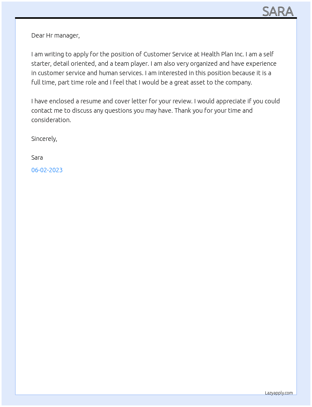 Customer Service At Health Plan Inc Cover Letter