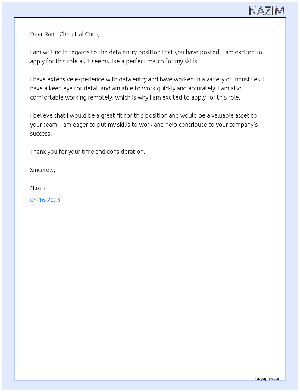 data entry At Rand Chemical Corp Cover Letter