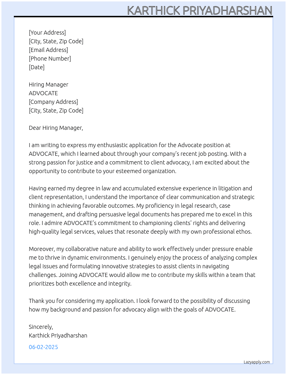 ADVOCATE At ADVOCATE Cover Letter
